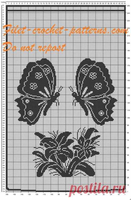Филейная схема для вязания крючком занавески с бабочками
Filet crochet pattern butterfly curtain