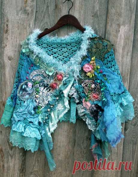 (19) RESERVED---part payment-- Monet shrug- bohemian shabby chic shrug from vintage textiles, antique lace details,stitches