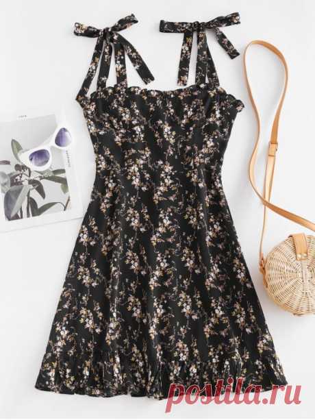 Tiny Floral Smocked Back Tie Straps Dress   BLACK [36% OFF] [HOT] 2020 Tiny Floral Smocked Back Tie Straps Dress In BLACK | ZAFUL    Dresses are a staple for women's wardrobe. This mini dress accentuates a cute tiny floral pattern throughout, knotted straps, and pretty ruffled hemline which adds charm and fashion, in an A-line silhouette. The stretchy smocked back design gives an easy fit. Style: Casual Occasion: Casual ,Vacation Material: Cotton,Polyester Silhouette: A-Li...