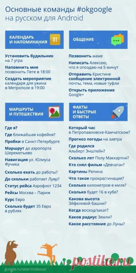 Шпаргалка для тех, кто использует «ОК Google» на русском.