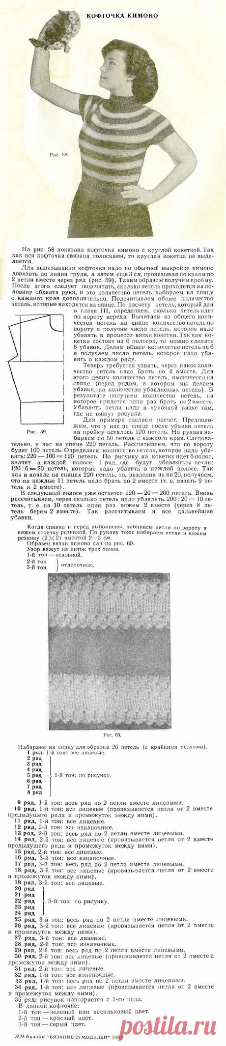 Кофточка кимоно с круглой кокеткой связана полосками