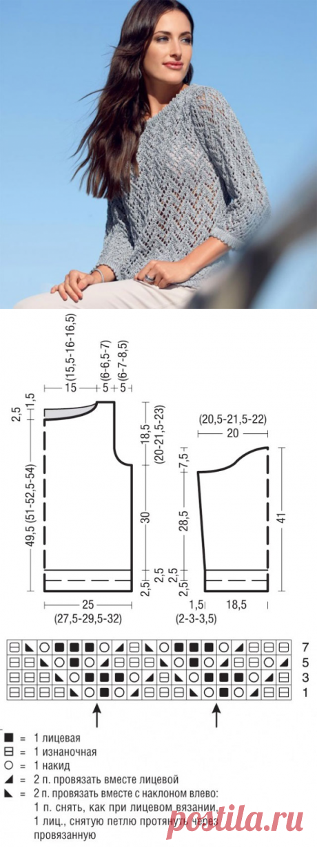 Женский ажурный джемпер с зубчатым краем серебристо-серого цвета спицами – схема вязания с подробным описанием