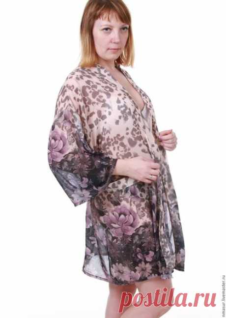 Купить Халат - кимоно из шифона &quot; Пионы&quot; - бежевый, звериная расцветка, пастельные тона, пастель