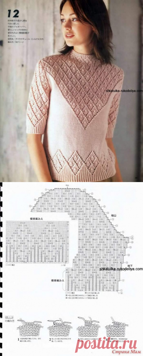 Пуловер с треугольной кокеткой спицами . Пуловер с коротким рукавом схемы | Шкатулка рукоделия. Сайт для рукодельниц.