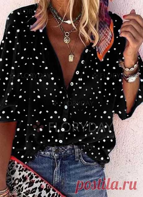 Polka Dot Casual V-Neckline Long Sleeve Blouses - Floryday