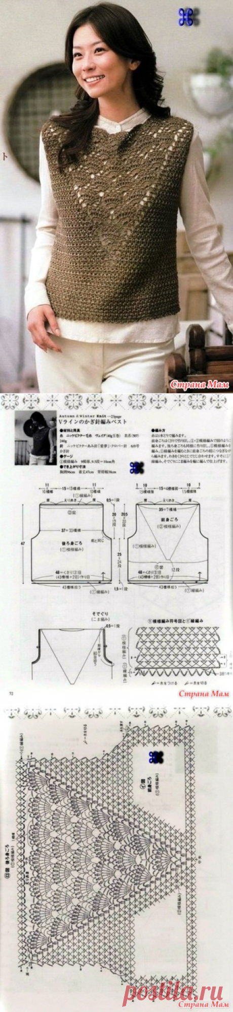 Безрукавка с треугольной вставкой узором веер. Крючок. - ВЯЗАНАЯ МОДА+ ДЛЯ НЕМОДЕЛЬНЫХ ДАМ - Страна Мам