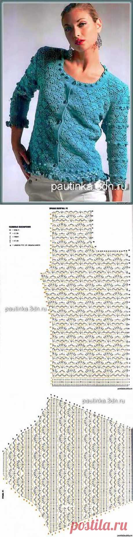 Вязаная кофточка бирюзового цвета - Схемы вязания ажурных кофточек - Схемы для вязания - Уроки вязания крючком - Вязание крючком, мотивы, схемы для вязания крючком