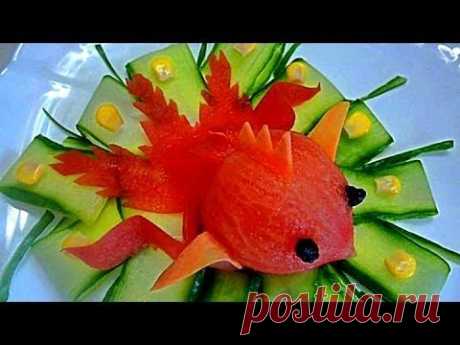Золотая рыбка из помидора! Goldfish of Tomato. Украшения из помидора. Decoration of Tomato.