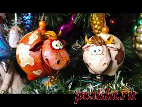 🐮 Бык - елочная игрушка 🎄 символ Нового 2021 года ⭐ Игрушки из папье-маше