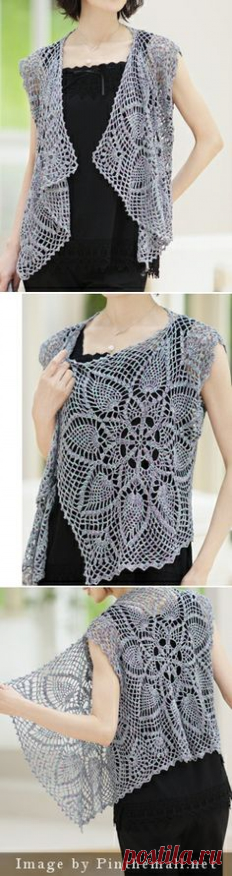 crochet - pineapple lace sleeveless cardigan top with waterfall front - love this - I think it's just three rectangles