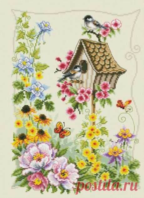 схема для вышивки крестом Птичий домик в цветах