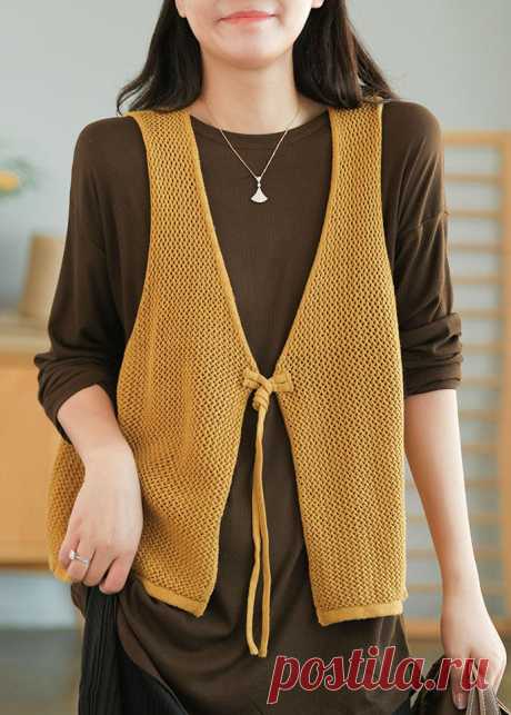 Chic Yellow V Neck Hollow Out Tie Waist Knit Vests Fall – Omychic