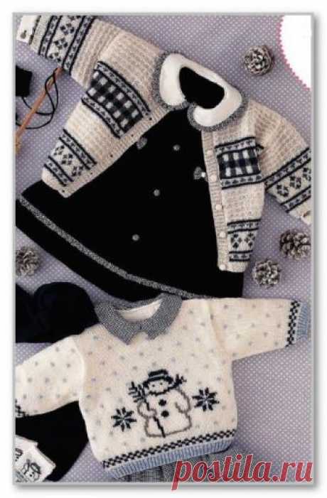 Вязание спицами детям от 0 до 3 лет. Описание детской модели со схемой и выкройкой. Пуловер с жаккардовым снеговиком и жакет с полосами жаккарда. Размеры 62/68 (68/74, 80/86, 86/92)