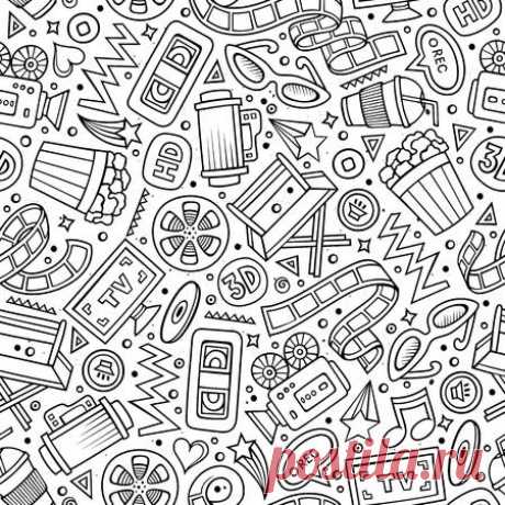 Cartoon cute hand drawn Cinema seamless pattern. Line art detailed, with lots of objects background. Endless funny vector illustration 123RF - Миллионы стоковых фото, векторов, видео и музыки для Ваших проектов.