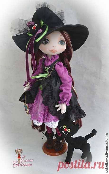 Ведьмочка Фаина и кот) - фиолетовый,кукла,текстильная кукла,авторская кукла