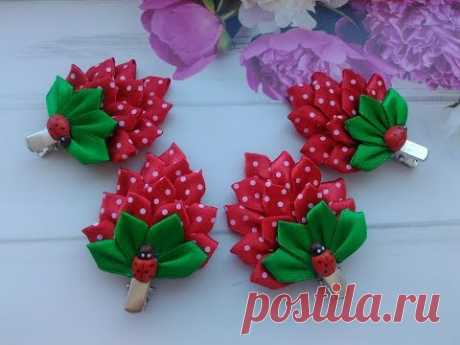 Заколочки &quot;Клубника&quot; для волос из лент МК Канзаши / Hair clips &quot;Strawberry&quot; for hair from ribbons