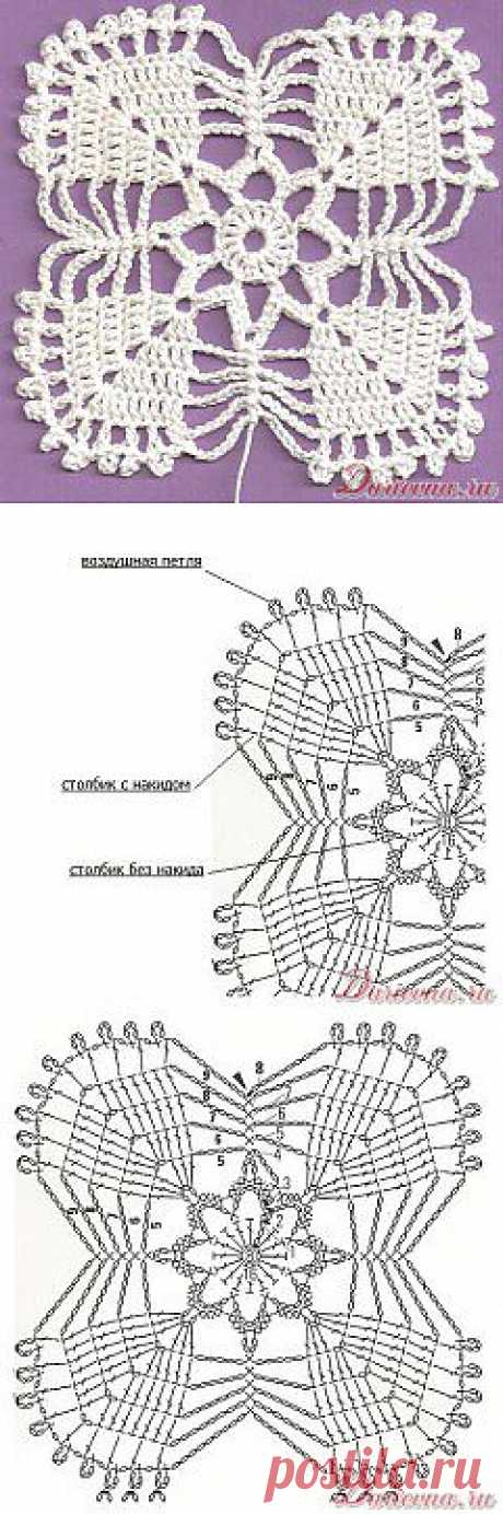 Ажурный квадратный мотив, связанный крючком