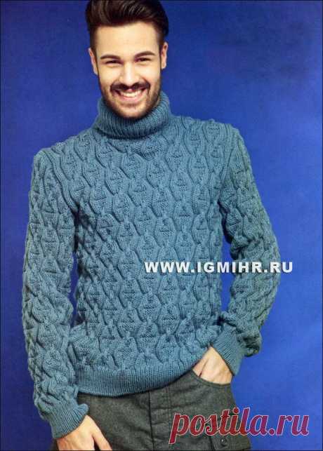 Теплый мужской свитер с красивым узором, от итальянских дизайнеров. Спицы