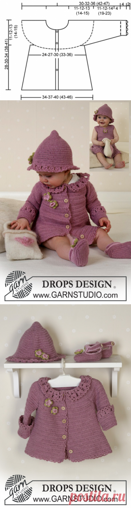 Little Miss Berry Cardigan / DROPS Baby 14-5 - The set comprises: Cardigan, hat and shoes. - Free pattern by DROPS Design