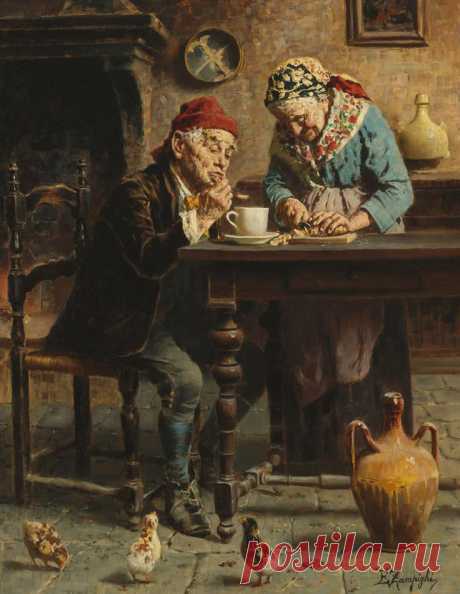 two elderly people sitting at a table writing