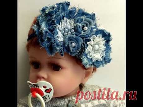 МК Повязка с Цветами из Джинсовой Ткани/D.I.Y. Denim Fabric Flower Accessory.