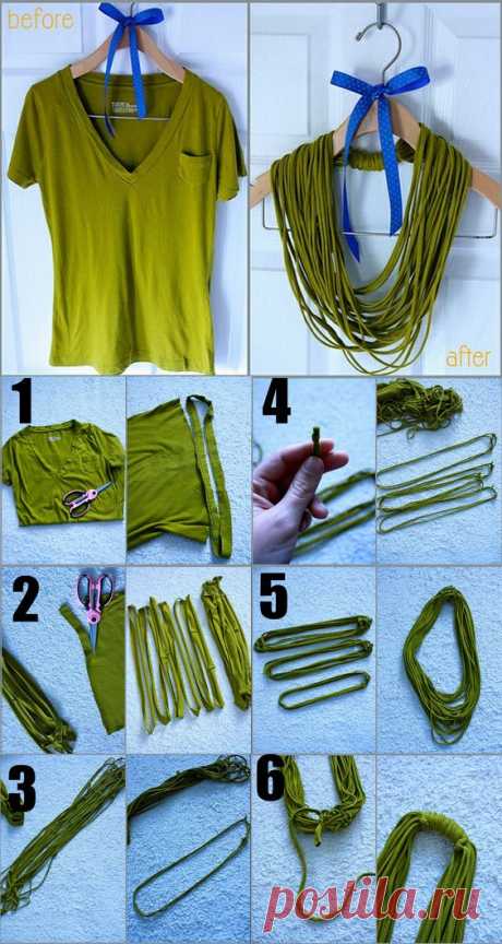 Easy No-Sew T-Shirt Necklace! I would probably use a different color. | Joyas | Ожерелья, Ожерелье Своими Руками и Руководства