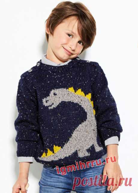 Для мальчика 2-10 лет. Пуловер с жаккардовым узором «динозавр». Вязание спицами для мальчиков со схемами и описанием