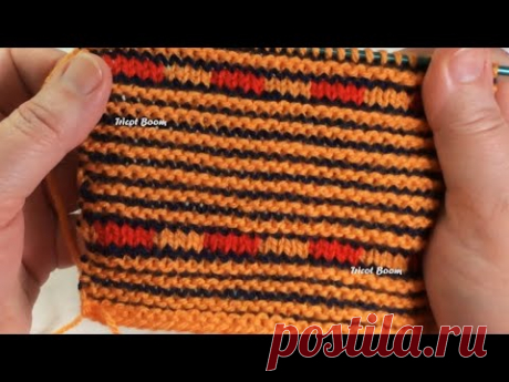 Полоски из 3-х цветов пряжи, платочная вязка. 3 colors garter stitch knitting.