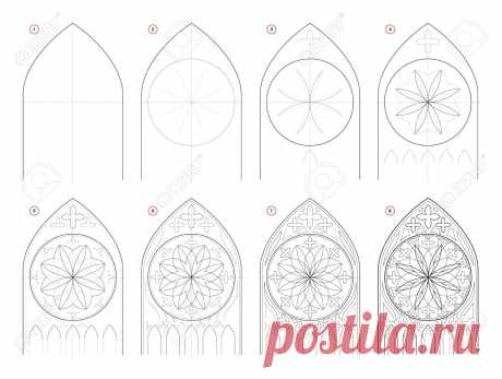 How To Draw Step-wise Sketch Of Gothic Stained Glass Window With Rose. Creation Step By Step Pencil Drawing. Educational Page For School Textbook For Developing Artistic Skills. Hand-drawn Vector. Клипарты, векторы, и Набор Иллюстраций Без Оплаты Отчислений. Image 129684308.