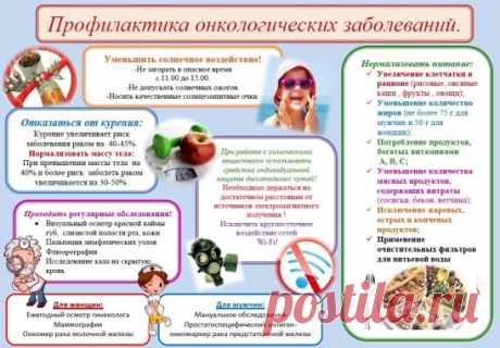 Профилактика онкологических болезней
Питание.
Продукты, которые способствуют развитию онкологии
1) Краситель E-125 (цвет мака SX) и регуляторы кислоты E-510 (хлорид аммония), E-513 (серная кислота), E-527 (аммония гидроокись)
2) Консервант бензонат натрия E-211 (маринованные огурцы, ватрушки, фруктовые пироги, консервы, салатные заправки, креветки, паштет, косметика).
3) Алкоголь.
3) Сахар (особенно белый рафинированный).
4) Бензопирен (копченные мясные изделия, особенно холодным методом, шпрот