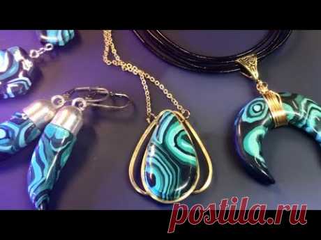 MOST EASY WAY TO CREATE FAUX MALACHITE STONE FROM POLYMER CLAY. JEWELRY TUTORIAL