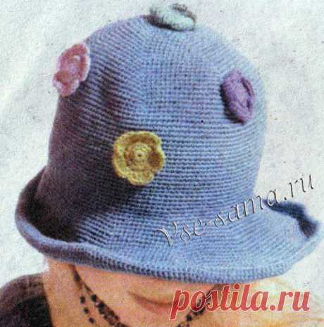 Голубая шляпа крючком с цветочками - Шапки, шарфы, косынки, шляпки