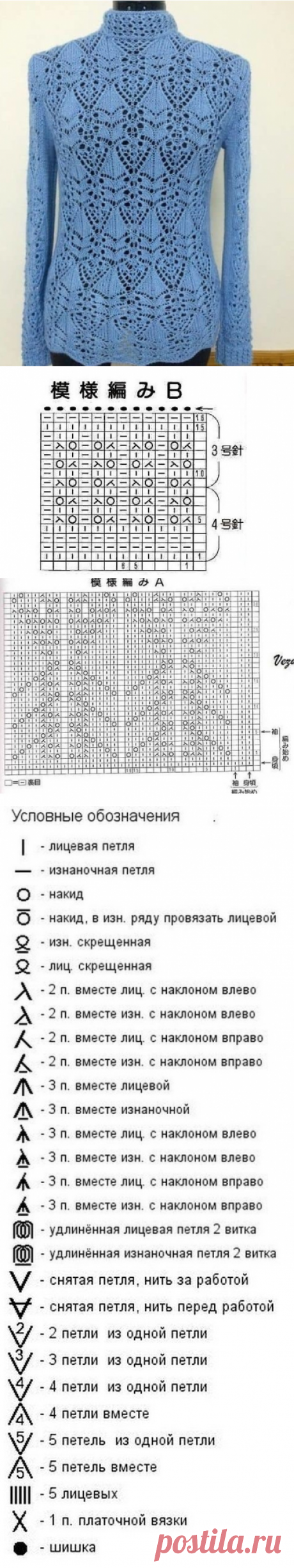 Красиво и строго! Японский ажур спицами: схема для стильного пуловера...