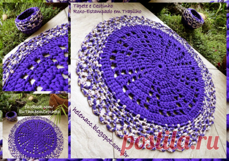 EU TAMBÉM CROCHETO...: Tapete e Cestinho Roxo-Estampado em Trapilho