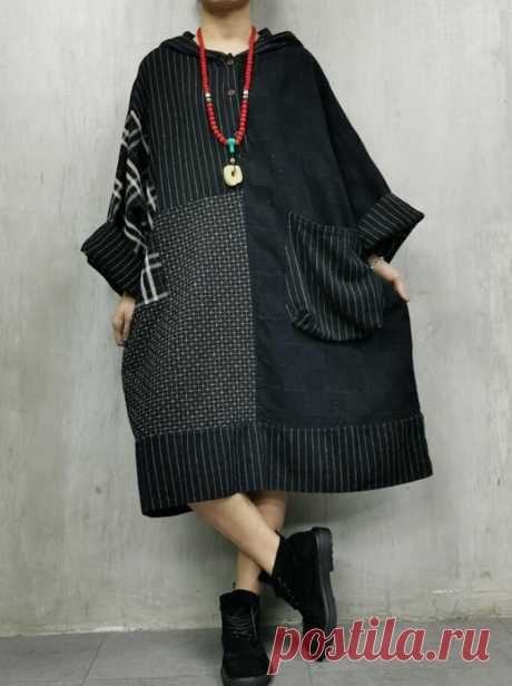 Women Oversized dress Retro Dress Cotton linen Hooded Dress | Etsy