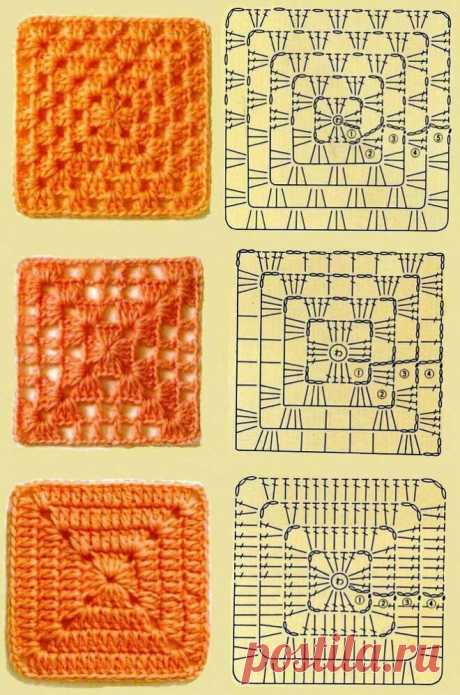 Квадратные мотивы разной сложности вязаные крючком. Подборка схем в копилочку | Сундучок с сокровищами ручной работы | Яндекс Дзен