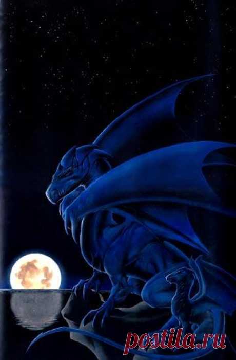 Фото Синий дракон с малышом на фоне ночного неба и полной луны, страница