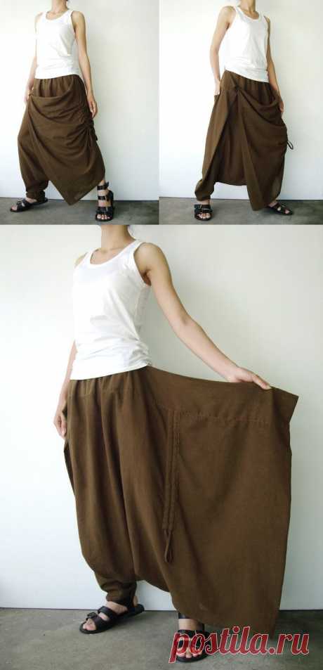 NO.26 Greenish Brown Cotton Asymmetric Harem Pants