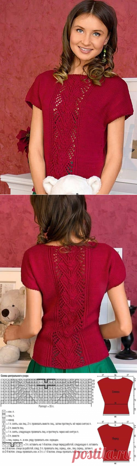 Центральный ажурный узор с косами для вязания пуловера спицами | АЖУР - схемы узоров