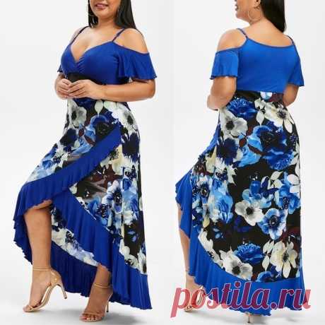 Plus Size Women Summer Sexy V Neck Cold Shoulder Elegant Dress High Low Flower Print Flounce Maxi Dress Party Dress L-5XL | Wish