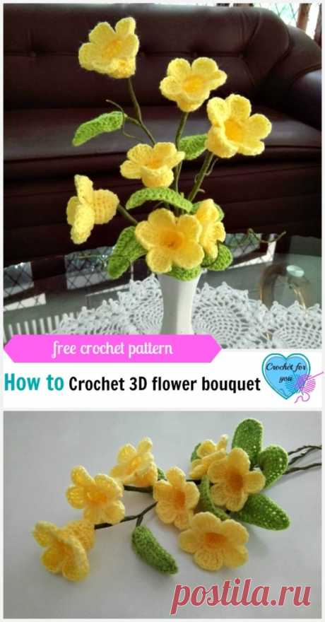 Вязание крючком 3D цветок букет (Золотая Труба Вайн) Бесплатная выкройка - Вязание для Вас