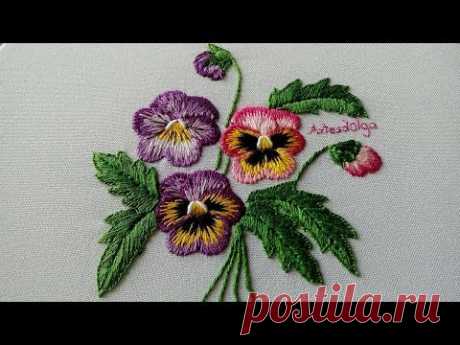 Hand Embroidery : Pansies with long and short stitch | Artesd'Olga