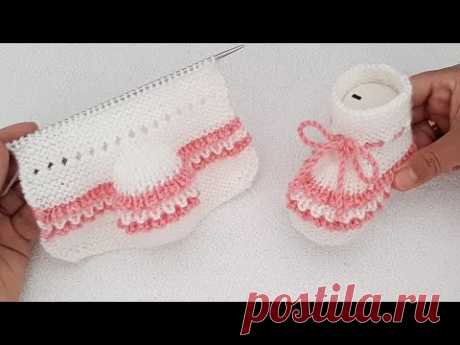 İki Şişle Bordürlü Kolay Bebek Patigi Yapılışı🎈 Easy Knitting Baby Booties Slippers Tutorial Pattern