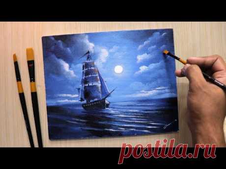 Acrylic painting of Moonlight night sky with a lonely ship