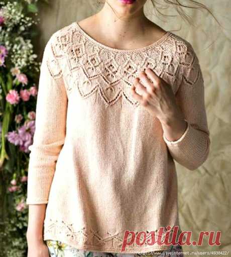 Вязаный пуловер &quot;Целозия&quot; с ажурной круглой кокеткой. Celosia Pullover by Amy Gunderson.