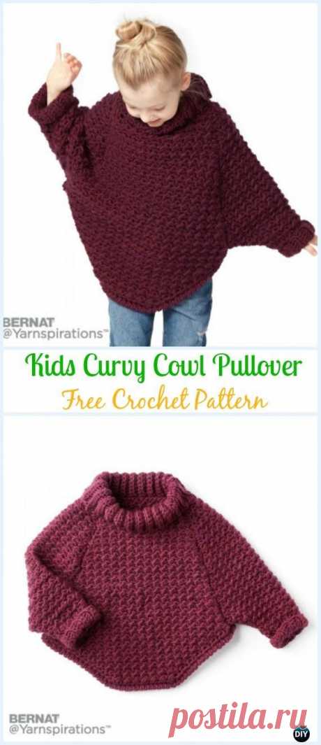 Crochet Bernat Kids Curvy Cowl Pullover Free Pattern - Crochet Kids Sweater Tops Free Patterns