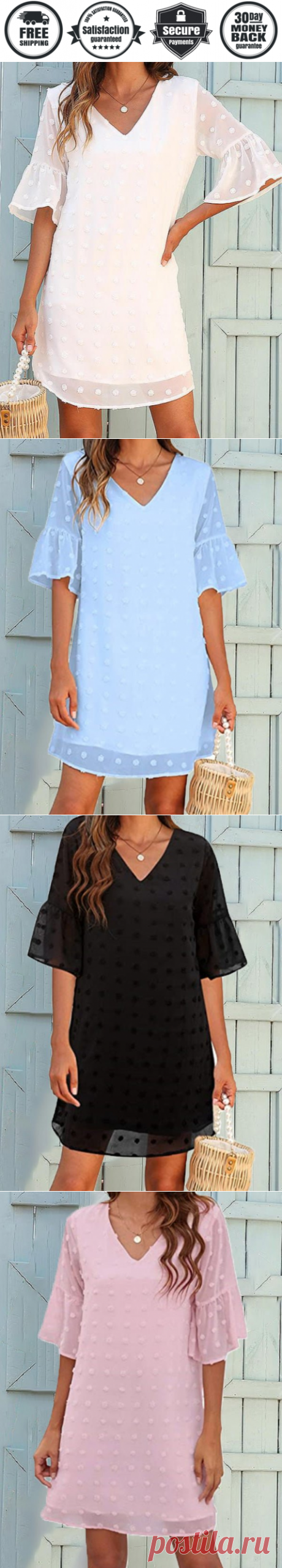 Women's Dresses Solid Jacquard Dots Chiffon Short Sleeve Dress - Cicicloth