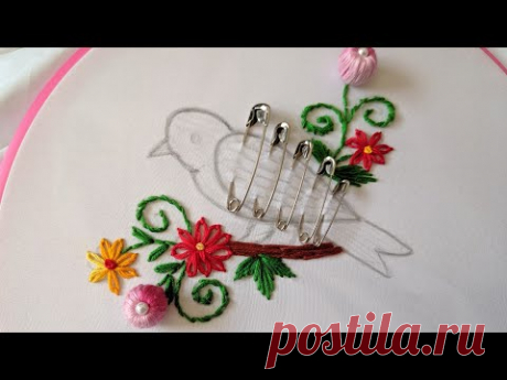 Hand Embroidery: Bird design trick with sefaty pin |New Hand Embroidery Bird design stitch