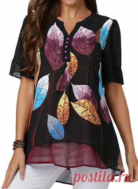 Floral Casual V-Neckline Short Sleeve Blouses - Floryday