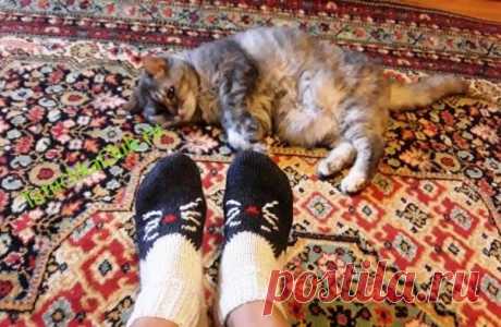 Вязаные носки с кошками - схема для вязания спицами